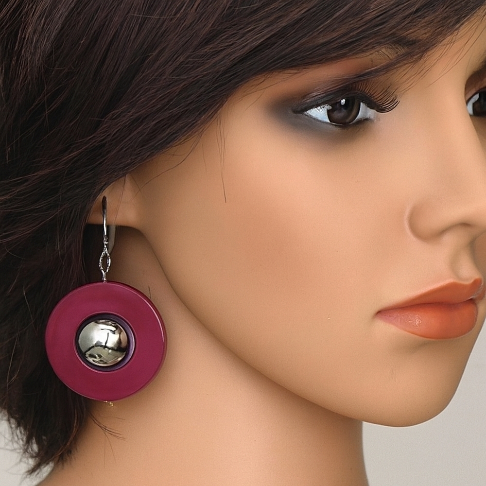 Women's Silver Bead Burgundy Purple Hoop Earrings - Drop Dangle Fashion Jewelry
